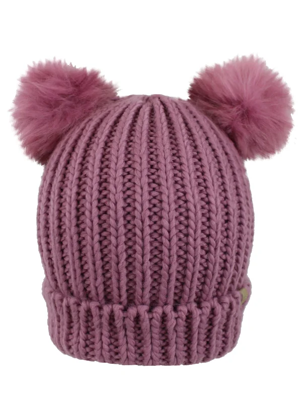 Beanies for weekend trips-Dusty Pink Knit Beanie Cap Hat With Pigtail Pom Poms