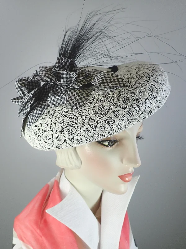 Beanies for personalized comfort-Black and white vintage lace fascinator tilt hat. Chic Church hat. Elegant Kentucky Derby lace fascinator hat.