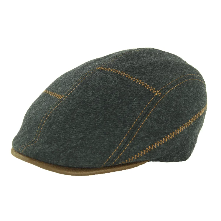 cozy wool beanies for men-  Fléchet Contrast Stitch Wool Flat Cap - Noir