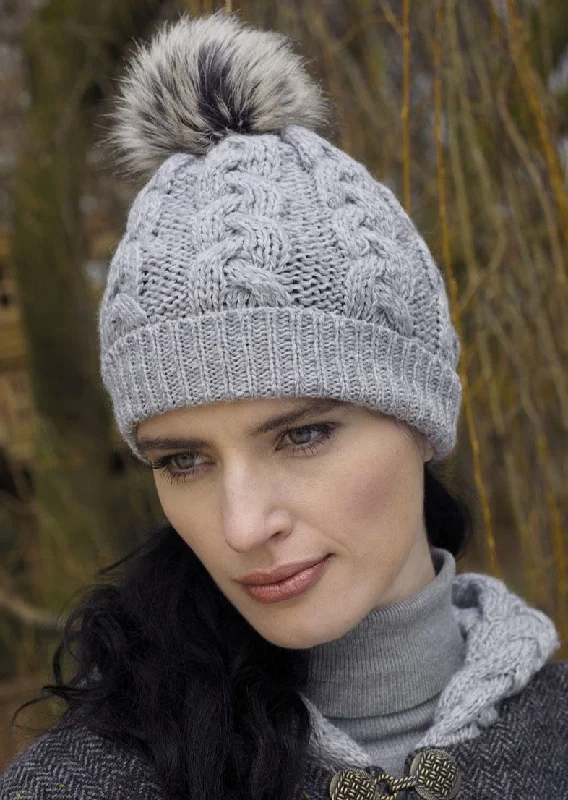 Beanies for layering with jackets-Aran Cable Knit Pom Pom Hat | Grey