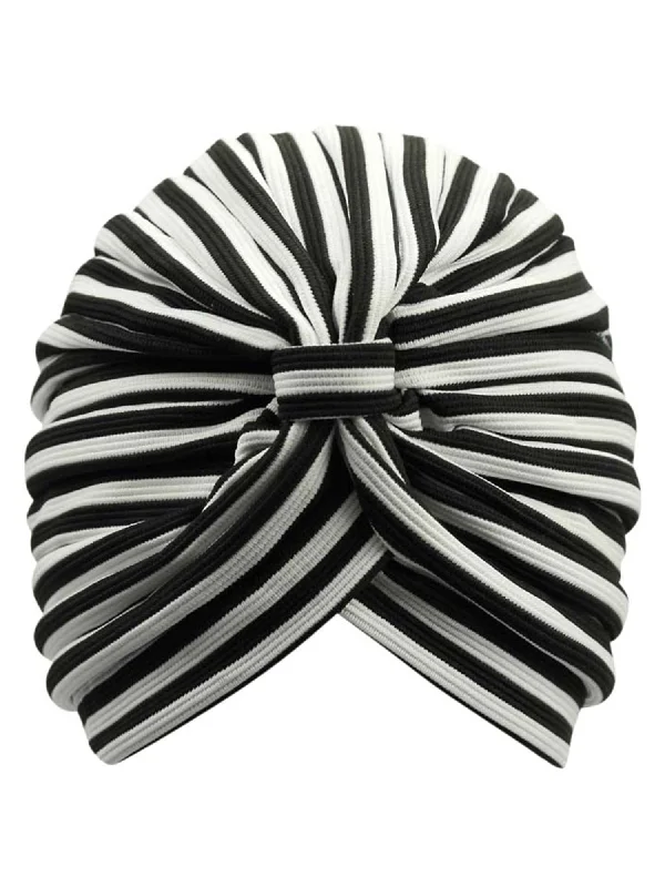 Headbands for short hair-Black & White Striped Fashion Turban Head Wrap With Front Knot