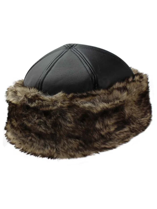 Beanies for stylishly staying warm-Black Faux Leather & Fur Trim Russian Hat With Quilted Lining