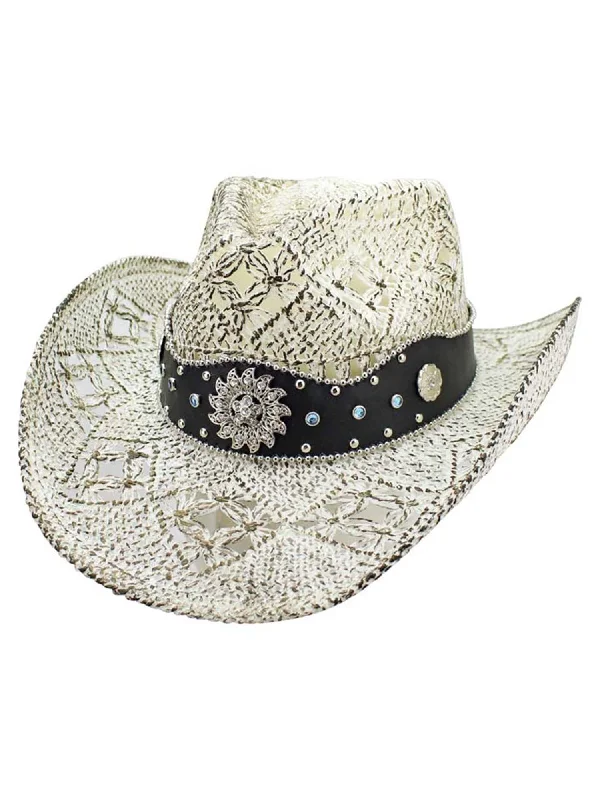 Beanies for the adventurous explorer-White Antiqued Straw Cowboy Hat With Jeweled Band