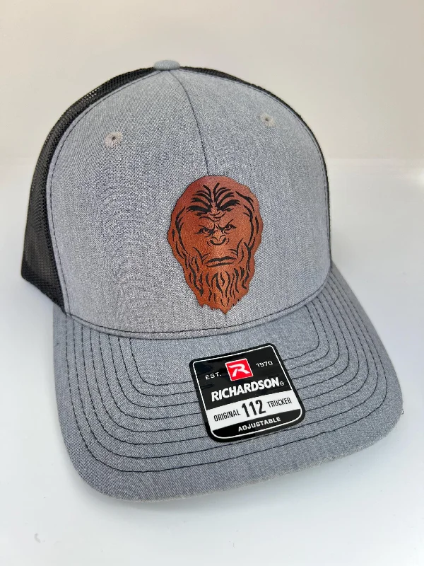 Beanies for perfect layering styles-Sasquatch Hat. Christmas gift for Big Foot Hunters. Yeti Enthusiasts Richardson 112 leather patch trucker. Great Dad gift.