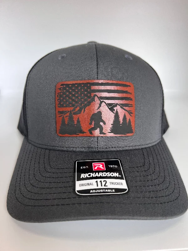 Beanies for stylish, chilly moments-Christmas gift for dad | Bigfoot American Flag Hat | Great Dad Gift | Bigfoot lover hat | Bigfoot Mountain Range Hat