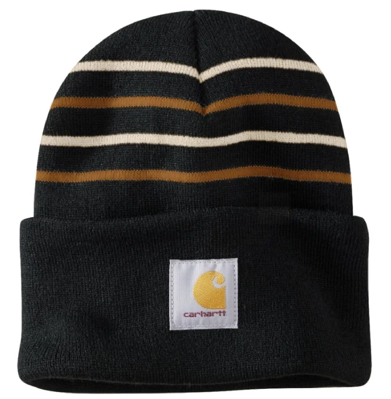 Beanies for school-Carhartt Knit Stripe Logo Patch Cuffed Beanie