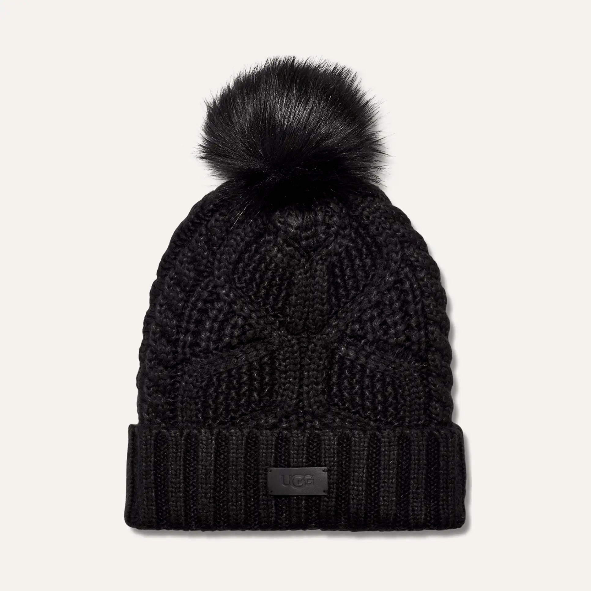 Beanies with moisture-wicking fabric-Cable Beanie with Pom in Black