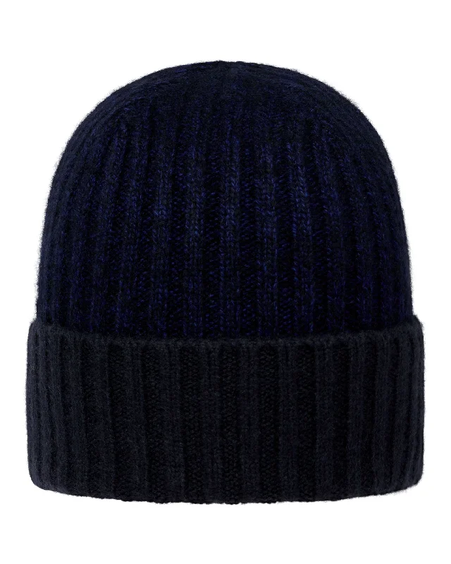 Beanies with winter sports-ready designs-Unisex Chunky Rib Contrast Cashmere Hat Navy Blue Melange