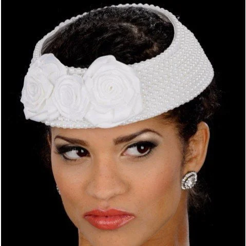 Beanies with protective thermal fabric-NA1006-Pearl covered straw fascinator with satin custom made flowers