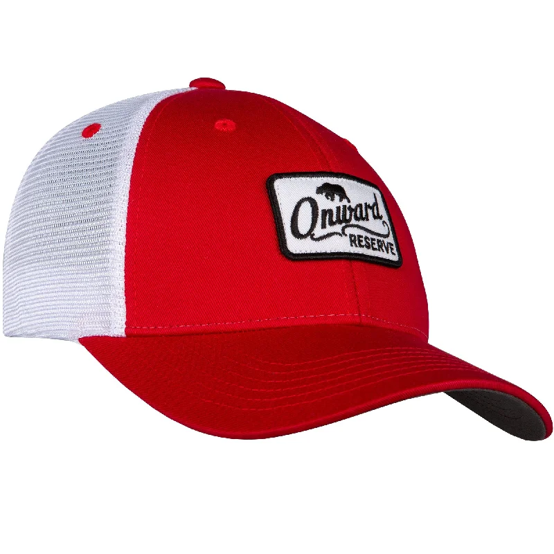 Beanies for teens-Onward Reserve 'Patch' Trucker Hat - Red/Black