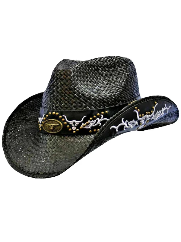 Beanies for trendy winter outings-Black Cowboy Hat With Longhorn Western Hatband