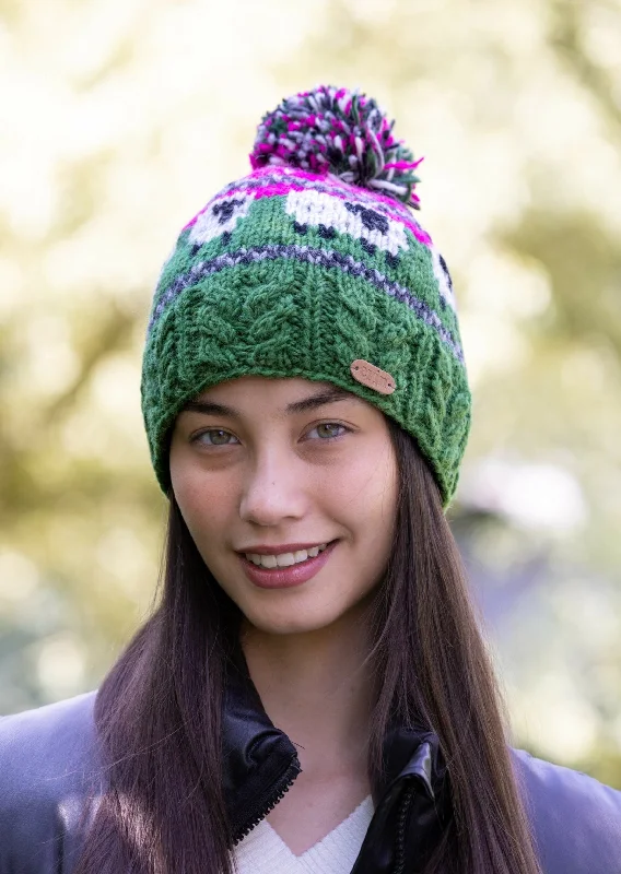 Beanies for extreme cold weather-Aran Sheep Bobble Hat Pink and Dark Green