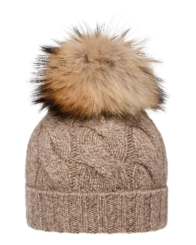 Beanies for cozy indoor days-Unisex Chunky Cable Cashmere Hat With Pom Heather Hazel Brown