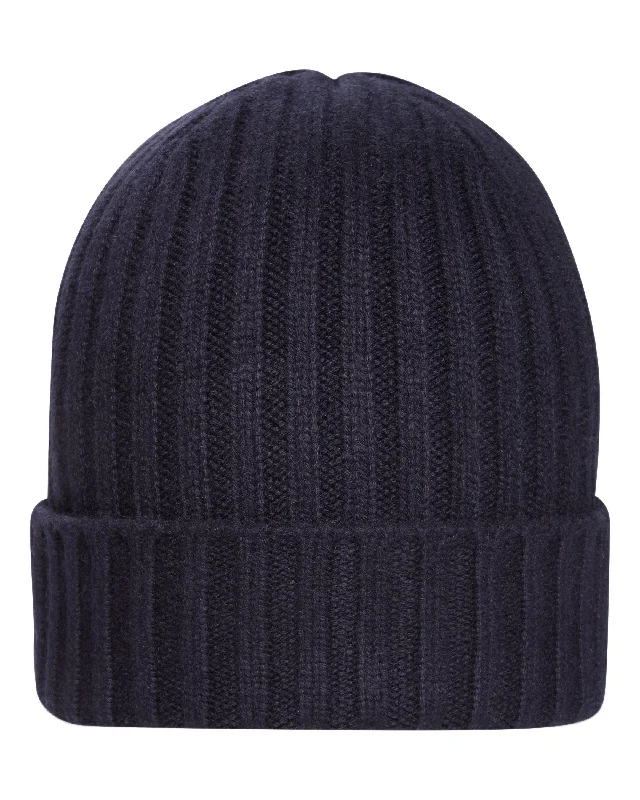 Beanies for layering with sweaters-Unisex Chunky Ribbed Cashmere Hat Navy Blue