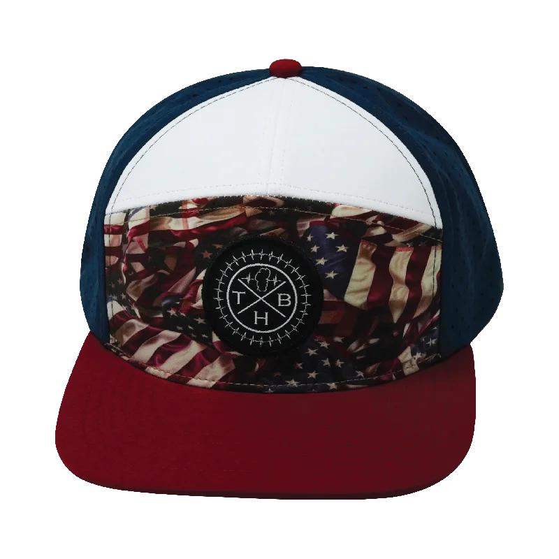 Headbands for keeping hair in place-**YOUTH** Color Vibes Hat | Flat Bill | Silk Flag - Dark Red - White - Navy