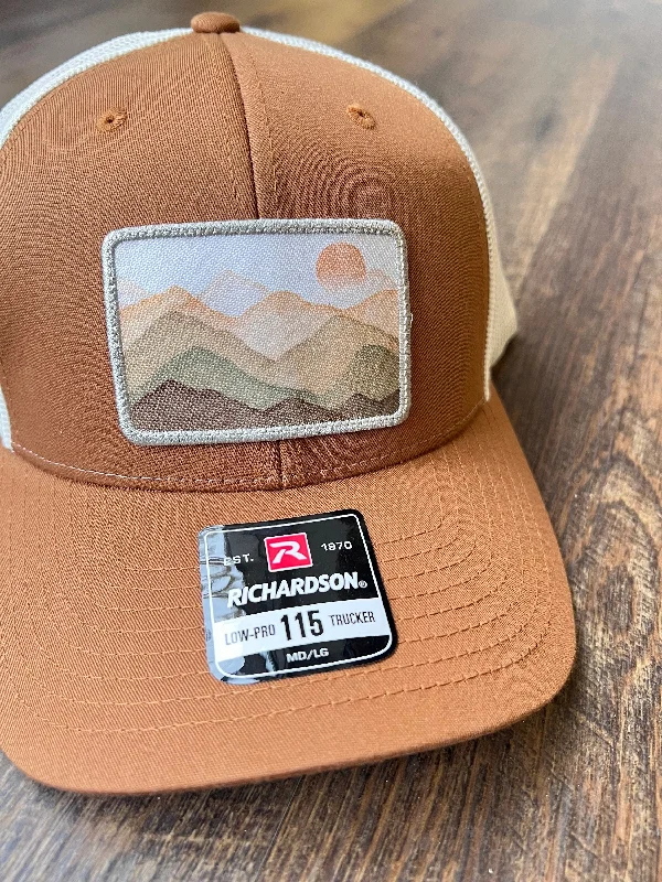 Beanies for those chilly fall days-Mountain Scene Patch Hat |  Adjustable Trucker Hat for Outdoors | Christmas Gift for Hikers | Colorful Patch Hat for her