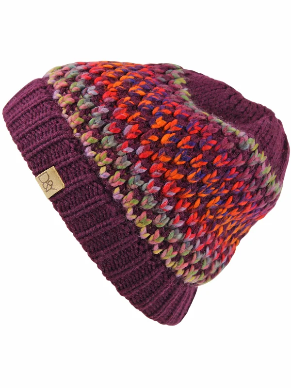 Beanies for outdoor activities-Plum Multicolor Knit Messy Bun Ponytail Beanie Winter Cap Hat