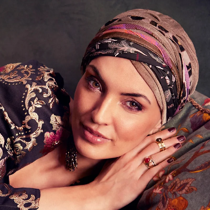 Beanies for weekend wear-Christine Boho Scarlett Turban Set - Dark Beige & Exotic Mix