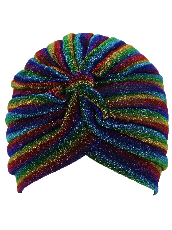 Beanies for sports and fashion-Rainbow Metallic Striped Turban Head Wrap Cap