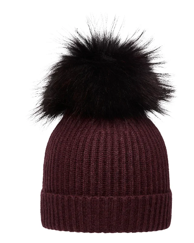 Beanies for snowy days-Unisex Ribbed Cashmere Hat With Detachable Pom Claret Red