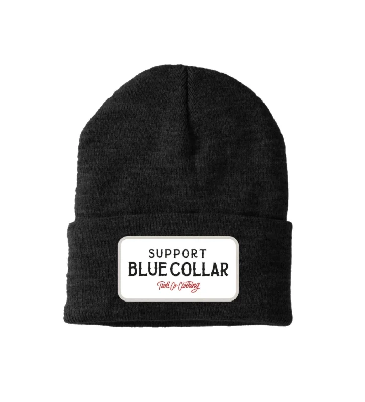 Headbands for fitness-Troll Co. Premium "Support Blue Collar" Patch Knit Beanie