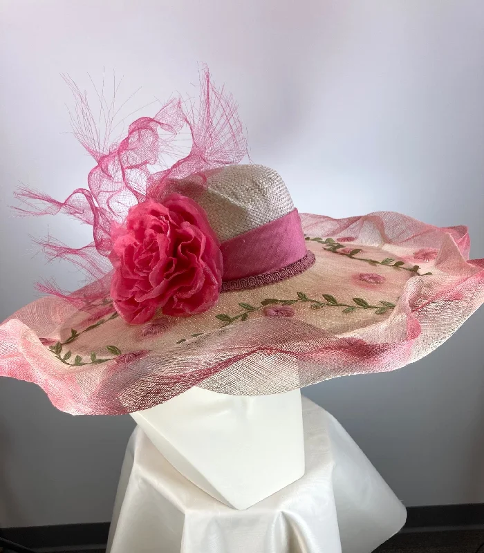 Beanies with bold colors-Ethereal wide brim hat. Kentucky Derby Hat. Kentucky Derby Hat. Pink green fancy dress hat. One of a kind wide brim hat. Kentucky Oaks hat