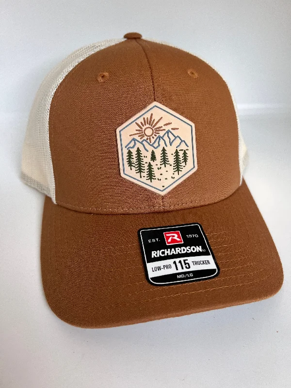 Beanies with adjustable designs-Sunrise Mountain Scene PVC Patch Hat | Adjustable Trucker Hat for Outdoors | Christmas Gift for Hikers | Colorful PVC Patch Hat