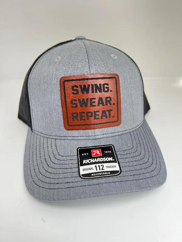 Beanies for fashionable winter wear-Swing. Swear. Repeat. | Golf Hat | Richardson 112 Leather Patch Hat for  Golfers | Unique Christmas Gift Idea for Golfers