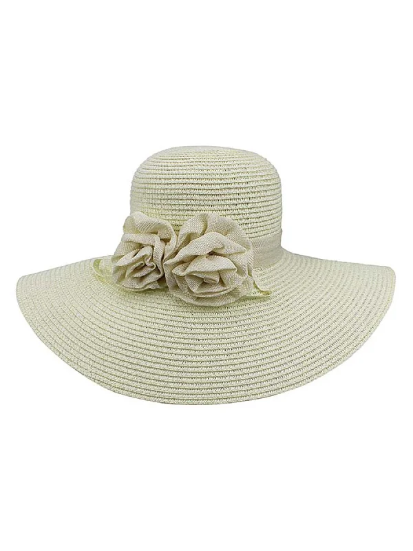 Beanies with knit patterns-Ivory White Floppy Hat With Floral Rosette Trim