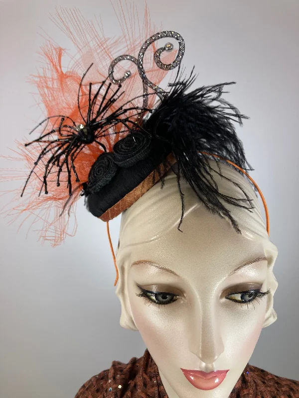 Beanies for babies-Fancy Halloween fascinator hat for women. Small spider hat. Black and orange hat. Tea party headpiece. Small scale spider Headband hat