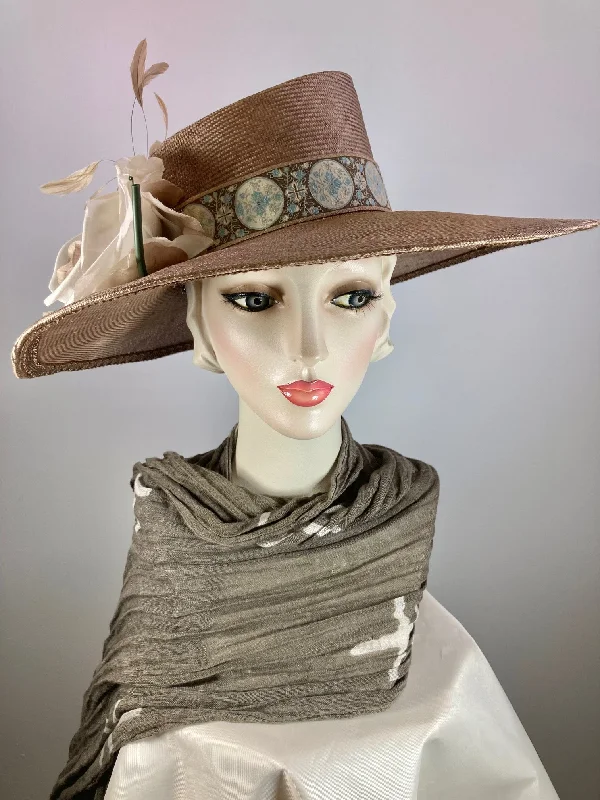 Beanies for transitional seasons-Dark tan mocha wide brim hat. Kentucky Derby Hat. Carraige Driving Hat. Neutral blue fancy dress hat. One of a kind wide brim hat.