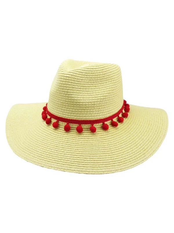 travel sun hat for vacation-Straw Panama Style Sun Hat With Red Pom-Pom Trim