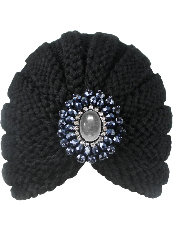 Beanies for sports teams-Black Thick Knit Beaded Medallion Turban Head Wrap