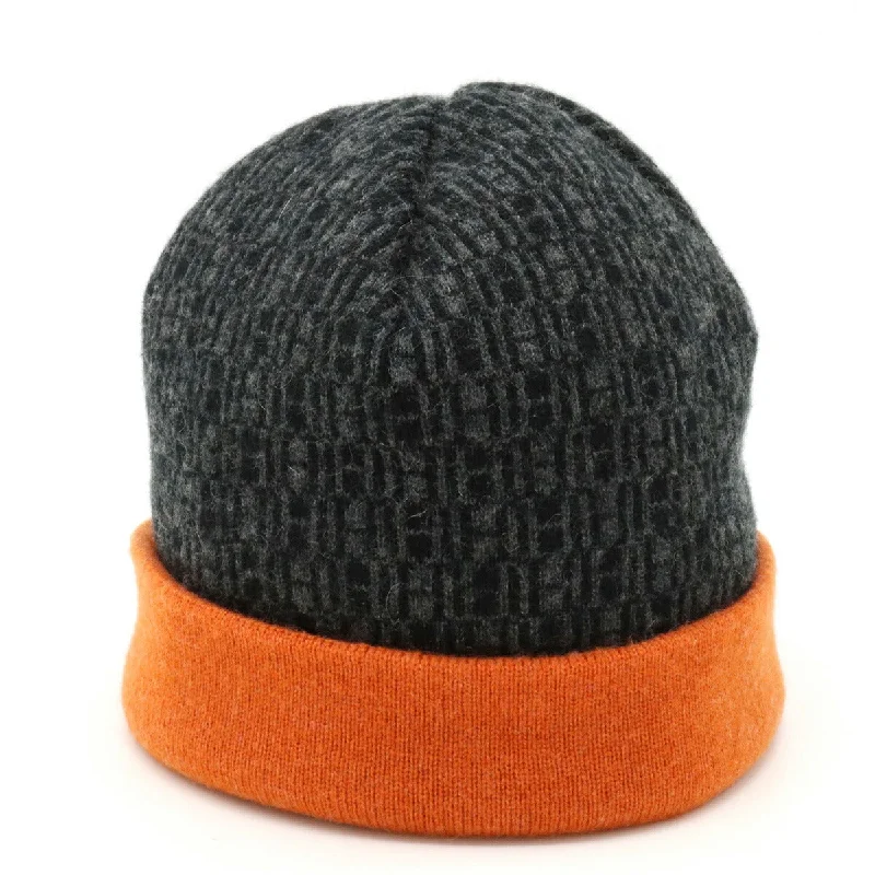 womens hats with faux fur trims-Hermes H Logo Cashmere Knit Hat Black Gray Orange