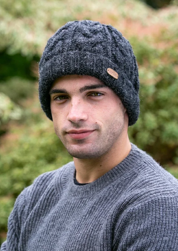 Headbands for holiday style-Aran Cable Turnup Hat | Charcoal