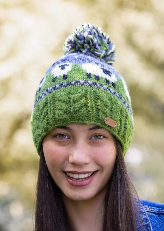 Headbands for hair control-Aran Sheep Bobble Hat | Blue and Green