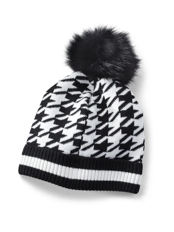 Beanies for fashionable adventurers-Houndstooth Pom Knit Hat