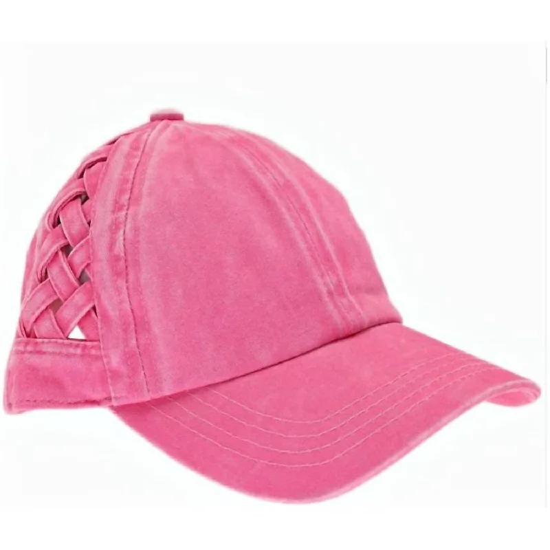 womens cute wool hats-Basket Woven Criss Cross Pony Cap In Pink