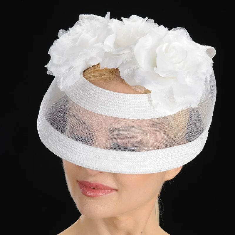 Beanies for protection from cold weather-BW9014-Ladies white wedding hat with mesh and satin flower