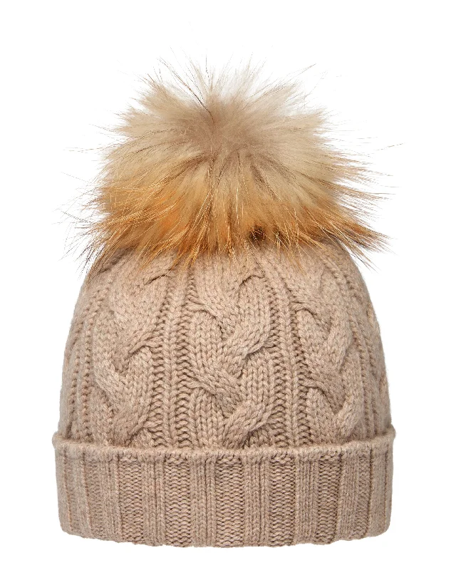 Beanies for adventurous winter hikes-Unisex Chunky Cable Cashmere Pom Hat Oatmeal Brown