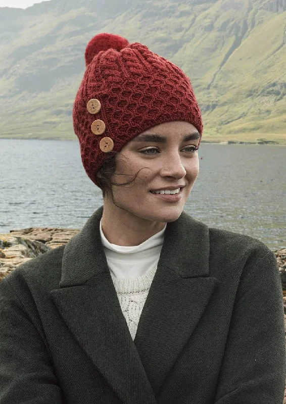 Headbands with ear protection-Aran Button Hat | Red