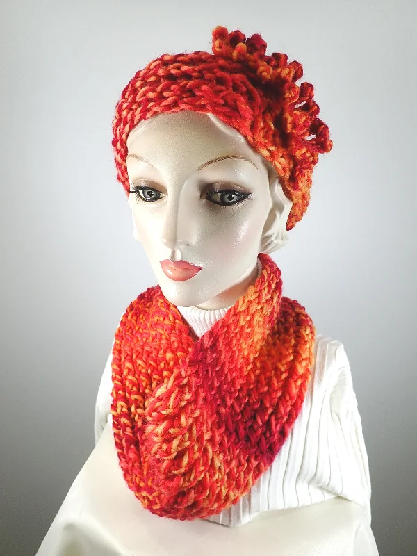 Beanies with comfortable fit-Gifts for her. Hand knitted vividly colored chunky headband and infinity scarf set