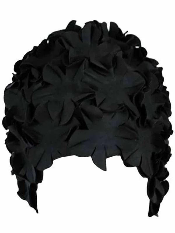 Casual headbands-Black Latex Bathing Cap With Petals