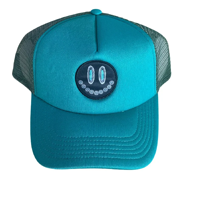 womens hats for rainy seasons-Glam Grin Ponytail Mesh Trucker Hat In Turquoise