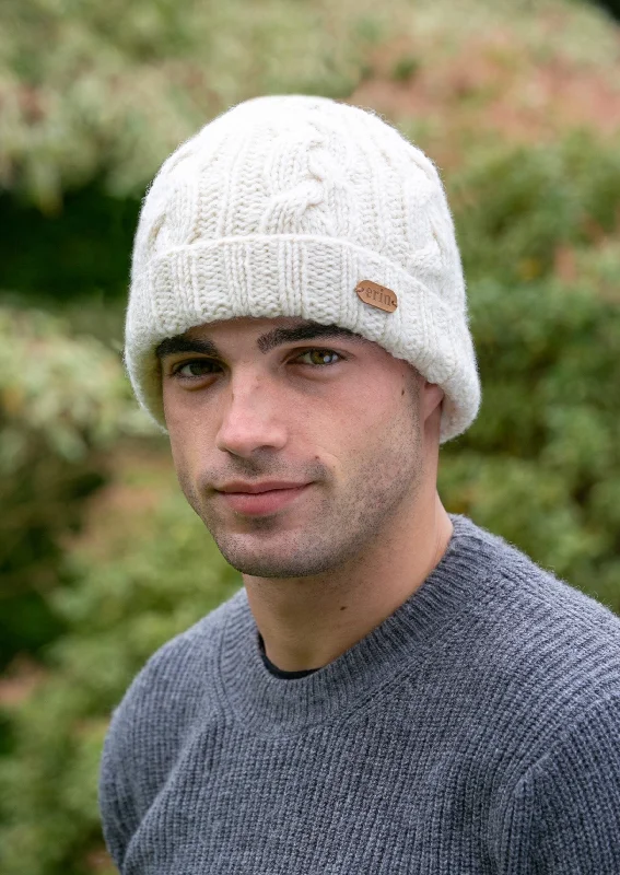 Fashionable beanies-Aran Cable Turnup Hat | Natural