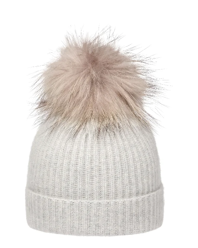 Beanies with trendy knit styles-Unisex Ribbed Cashmere Hat With Detachable Pom Fumo Grey