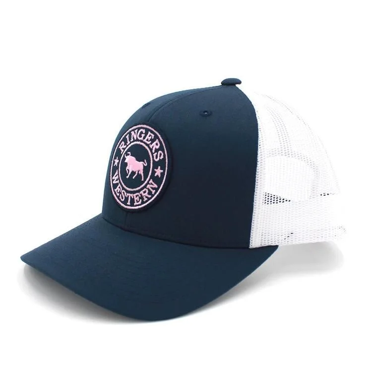 Beanies for trendy winter expeditions-Ringers Western Signature Bull Trucker Navy & White with Navy & Pink Patch