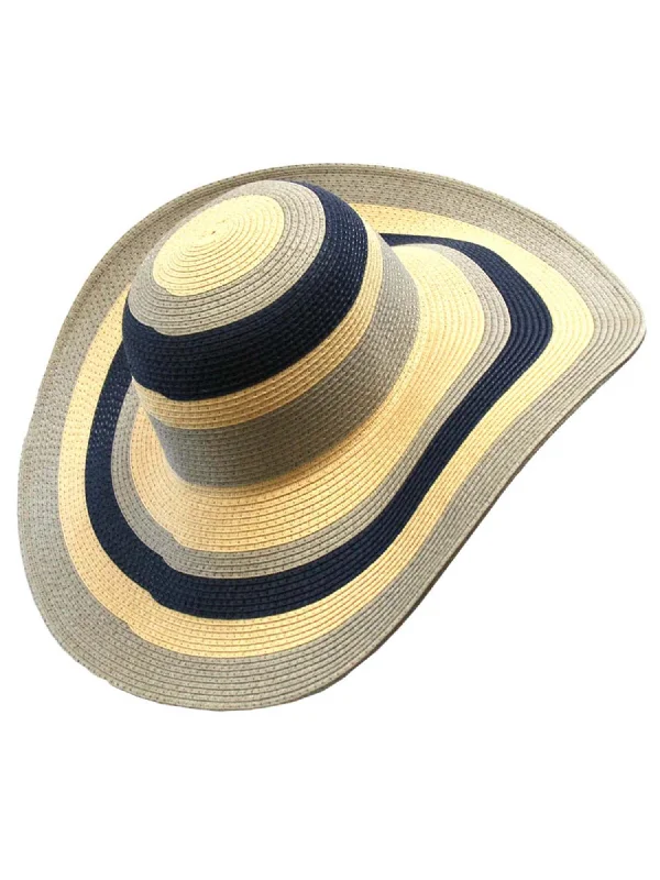 Headbands with geometric designs-Navy Gray Wide Brim Floppy Hat With Stripes