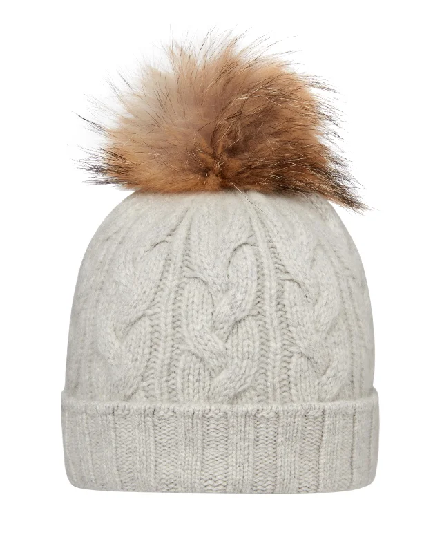 Beanies with elastic fit-Unisex Chunky Cable Cashmere Pom Hat Fumo Grey