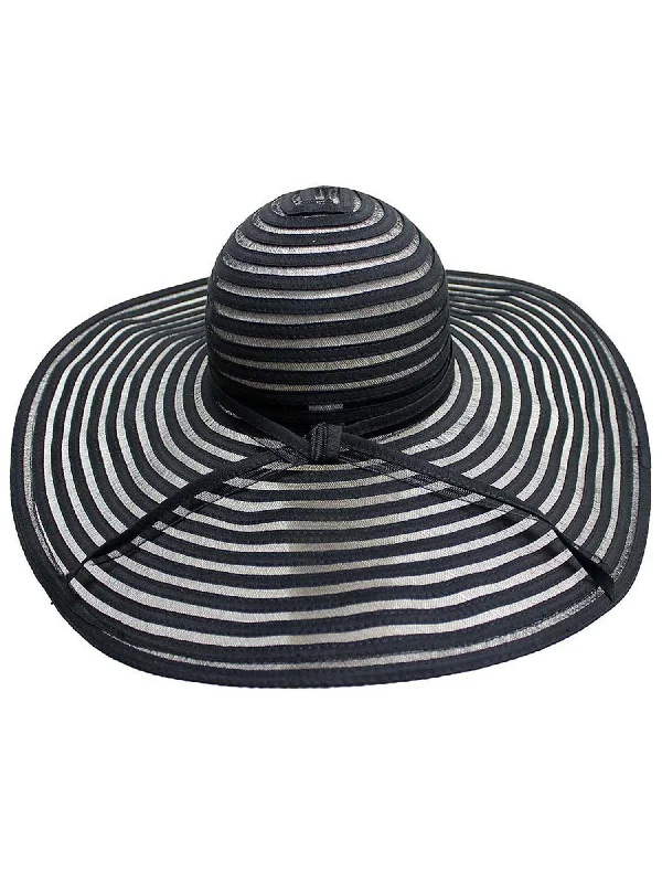 Beanies with neutral colors-Black & Sheer Striped Wide Brim Floppy Hat